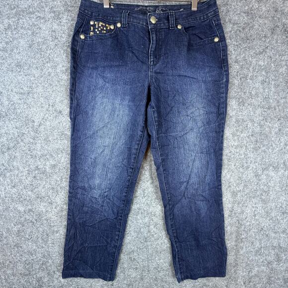 Y2K Style & Co Ankle Jeans Womens 12 Petite Blue Stretch Gold Studded Cropped - Picture 2 of 11